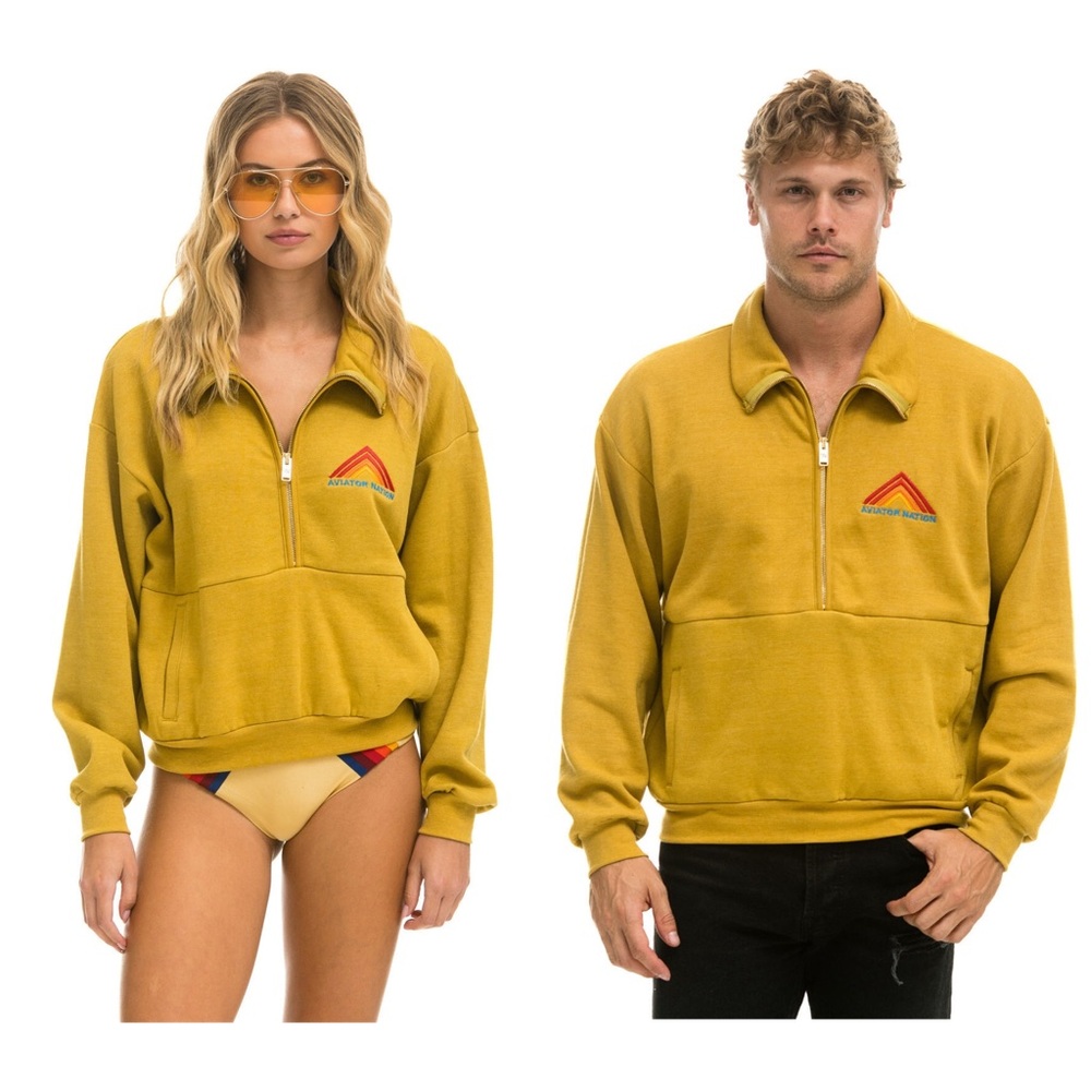 Aviator Nation Mountain Embroidery Half Zip Sweatshirt Khaki Size UNISEX XS